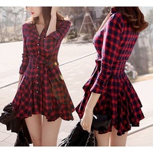 修身长袖红色新款格子气质收腰衬衫韩版女装短款显瘦性感连衣裙
