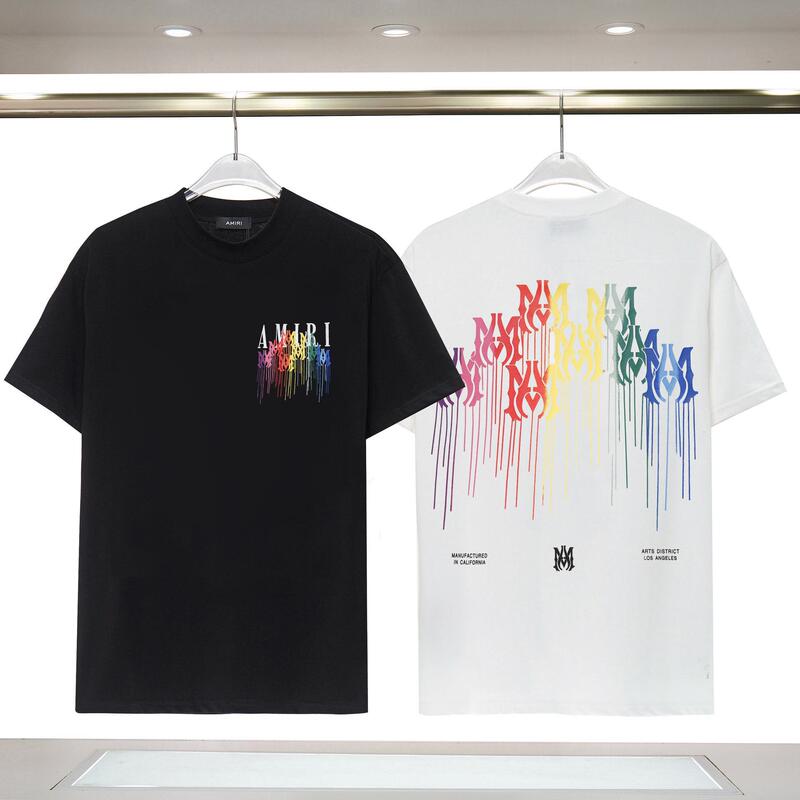 Summer Short-Sleeved Street Trendy Front and Back Colorful Letter Logo Printed Amiri Round Neck Short-Sleeved T-Shirt
