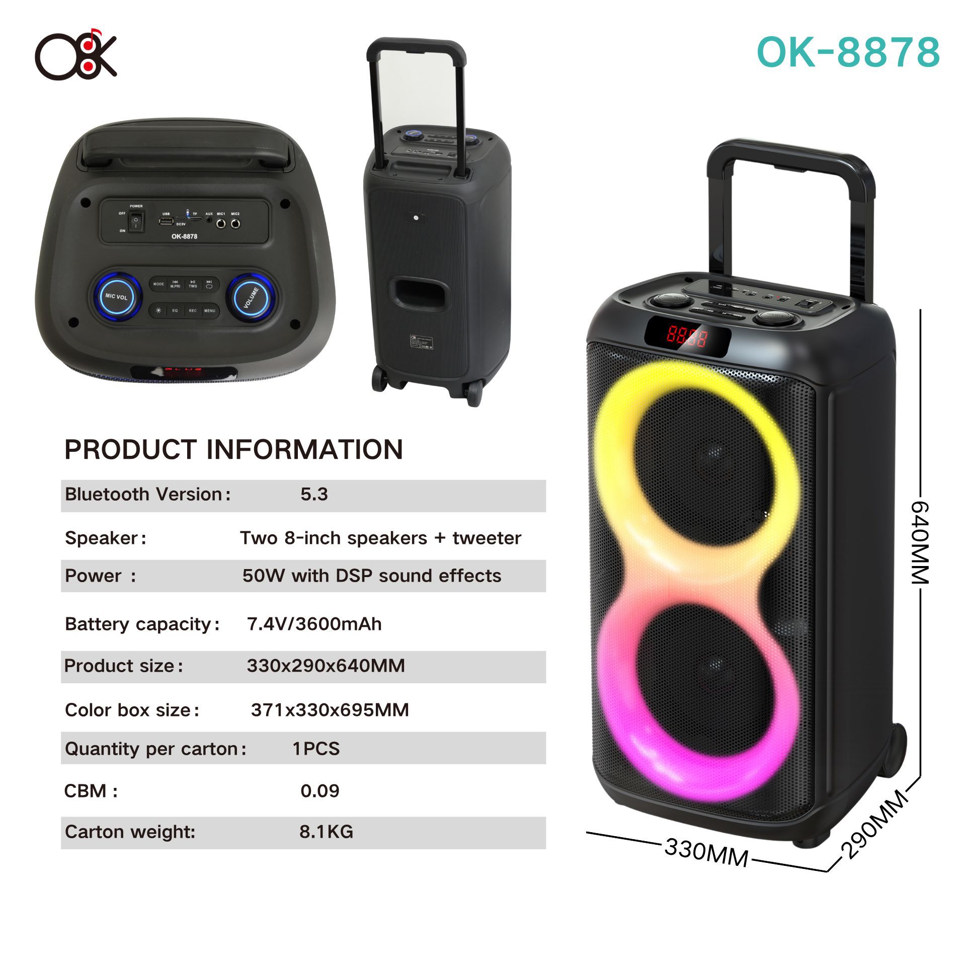 OK - 8878 transfronterizo al aire libre portátil al aire libre carro de sonido Bluetooth fiesta k canción altavoces coloridos