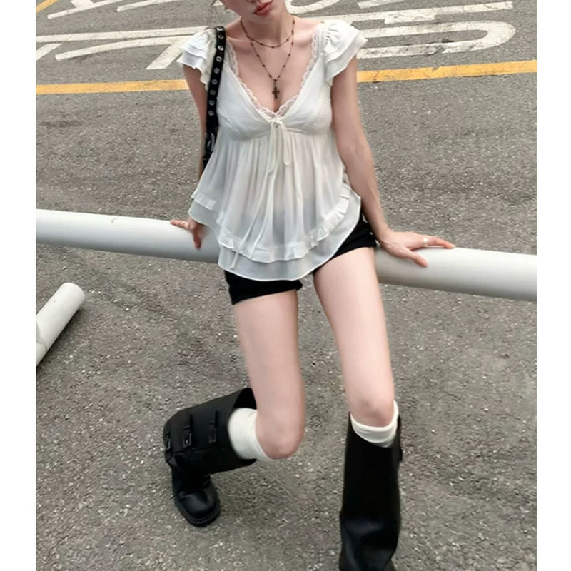 White Pure Desire Deep V-Neck Lace Low-Cut Korean Style Top for Women, Summer Design with Lace Trim, Shirt 2026 for Women White Pure Desire Deep V-Neck Lace Low-Cut Korean Style Top for Women, Summer Design with Lace Trim, Shirt 2026 for Women