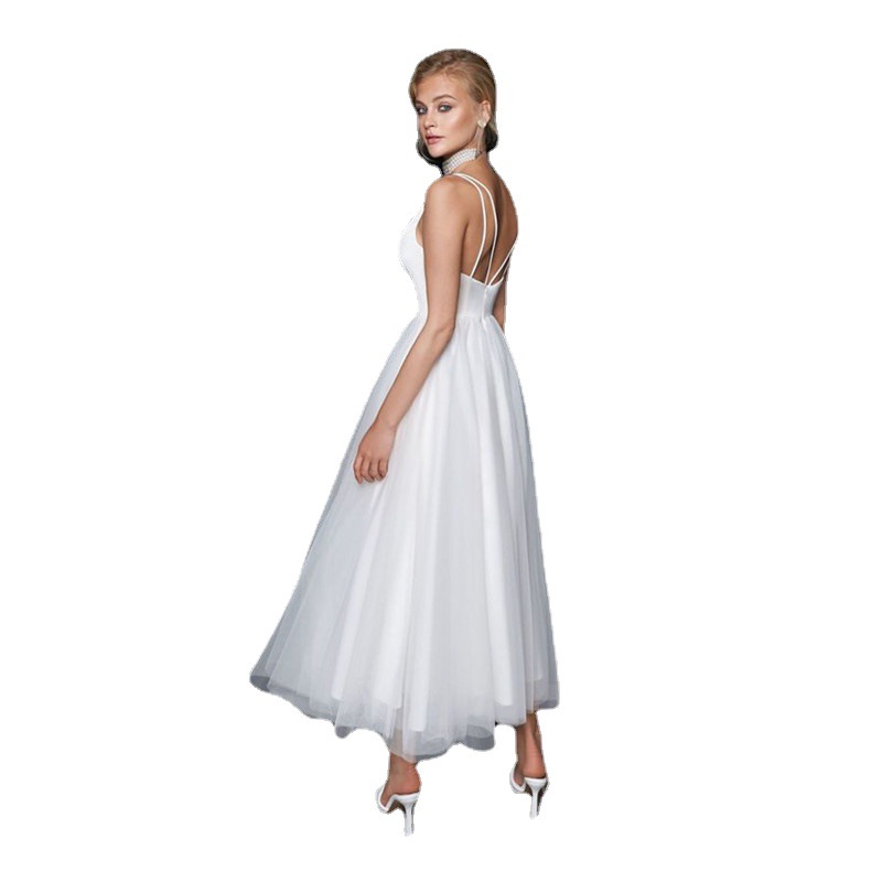 Vestido de novia de longitud media, estilo europeo y americano, para comercio exterior, Amazon, AliExpress, Wish, sexy, con cuello en V, con tirantes, sencillo. image 4