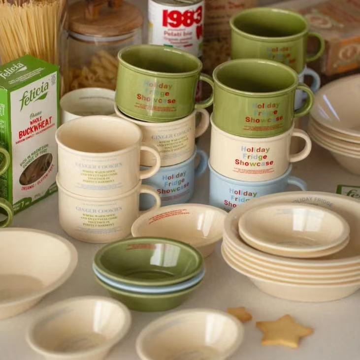 Korean Ins-Style Cream-Colored Ceramic Cup with English Lettering, High-End Household Breakfast Cup, Cereal Cup, Coffee Mug