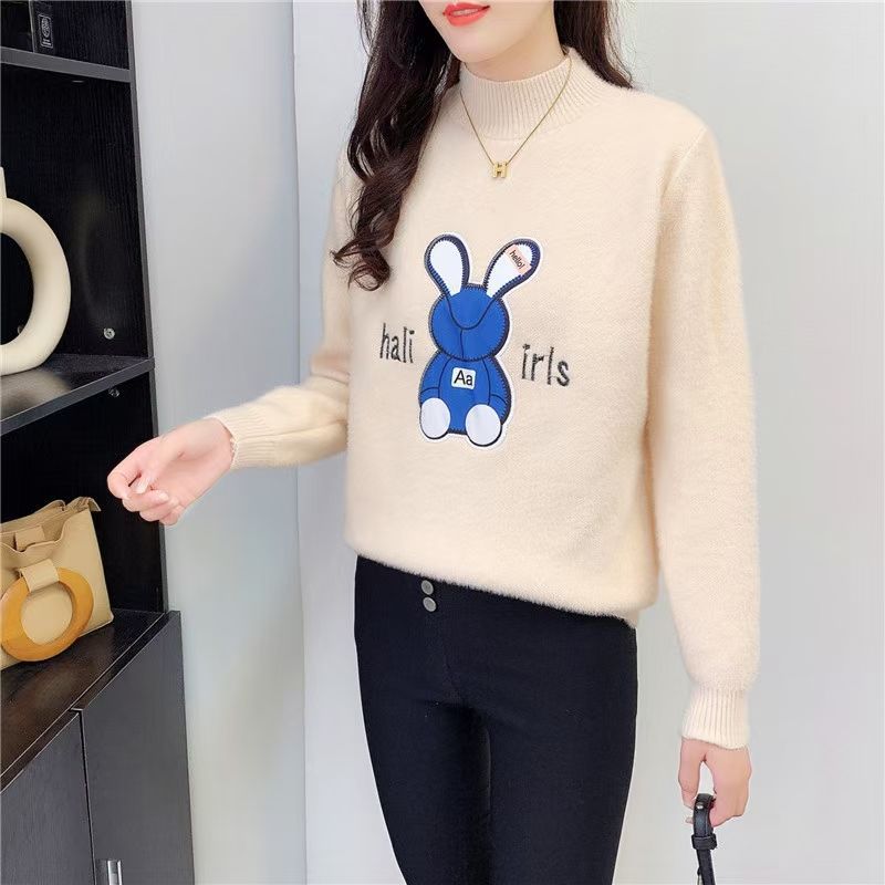 秋冬半高领套头毛衣女 设计感宽松保暖针织衫仿貂绒软糯打底衫厚