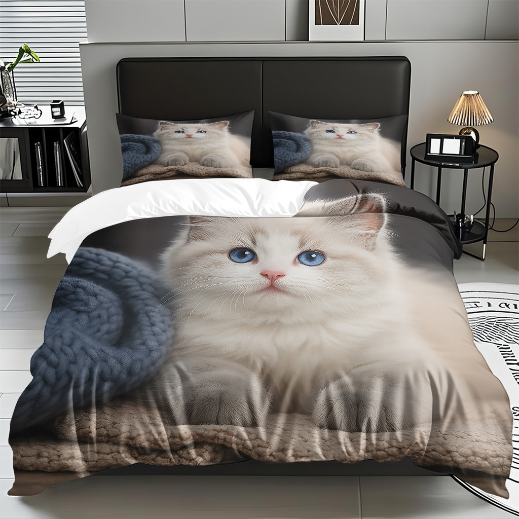 TEMU / JIT adorable gatito impresión digital suave set de colcha de edredón textil para el hogar se puede diseñar venta directa de fábrica