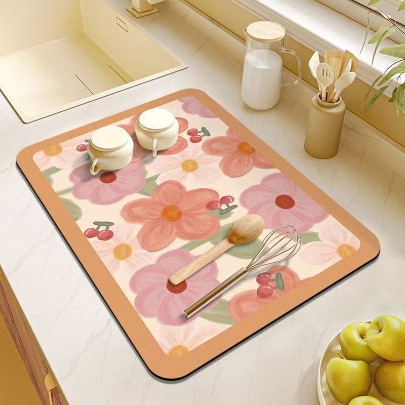 Cross-Border Flower Retro Kitchen Countertop Diatom Mud Absorbent Mat Quick-Drying Non-Slip Mat Easy to Clean Foot Mat Wholesale