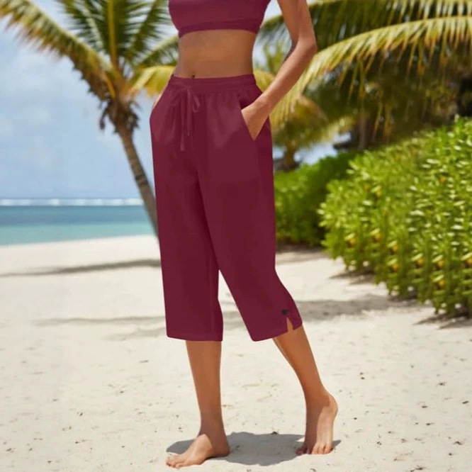Women's Cotton Capri Pants, Wide-Leg Design, Solid Color with Drawstring Pockets, Elastic Waistband, Vacation Casual Style Women's Cotton Capri Pants, Wide-Leg Design, Solid Color with Drawstring Pockets, Elastic Waistband, Vacation Casual Style