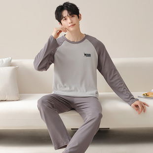 Pure Cotton Pajamas Men's Spring and Autumn Long Sleeve Crewneck Pullover Teenagers Can Wear Casual Home Clothes plus size suit