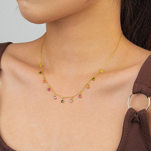 Colorful Gemstone Necklace for Women, Unique 925 Pure Silver Cross-border Retro Instagram Style Fringe Droplet Zircon Choker Lock Chain