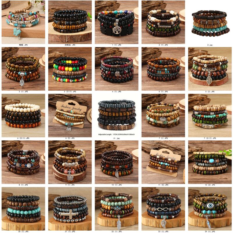 New Colorful Wooden Beads Flower Stlestring Five-piece Bracelet Elegant Fashion Handmade String Jewelry Factory in stock