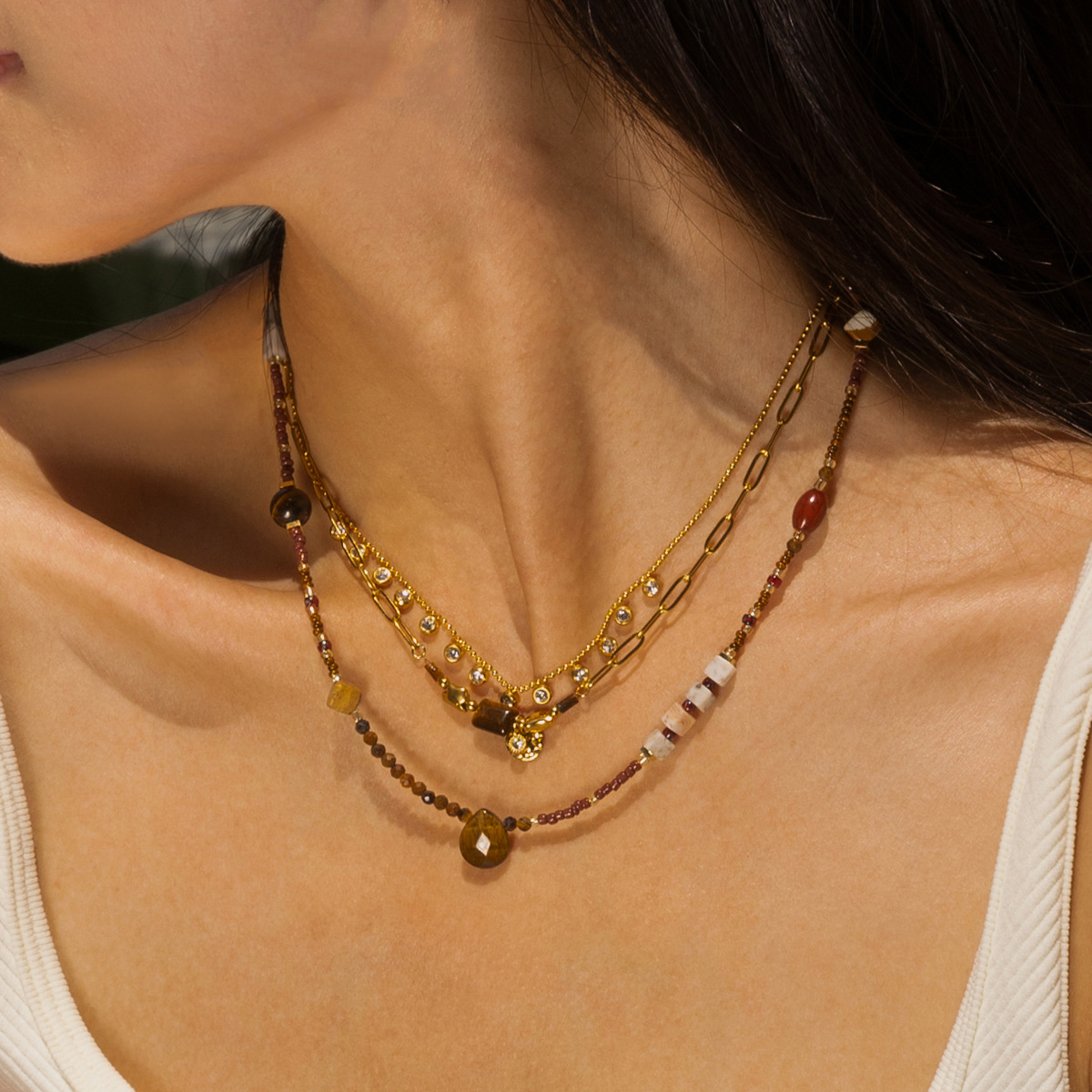 Taena collar de acero inoxidable europeo y americano, lujo ligero, sentido de alta gama, moda para mujer, collar de circón de piedra natural, venta caliente transfronteriza para mujer