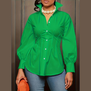 Parcía Clothing Cross-Border European and American Plus Size Women's High Collar Cardigan Loose Casual Pure Green Long-Sleeved Shirt