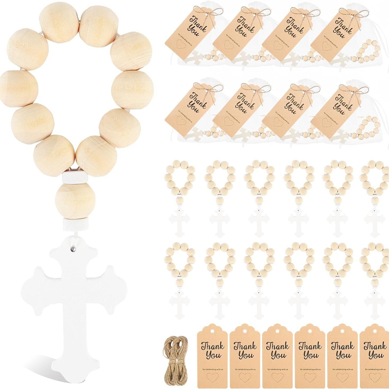 Cross-Border Ready-Stock Foreign Trade Wooden Baptismal Beaded Bracelet Set with White Mesh Bag and Rosary Wooden Beads