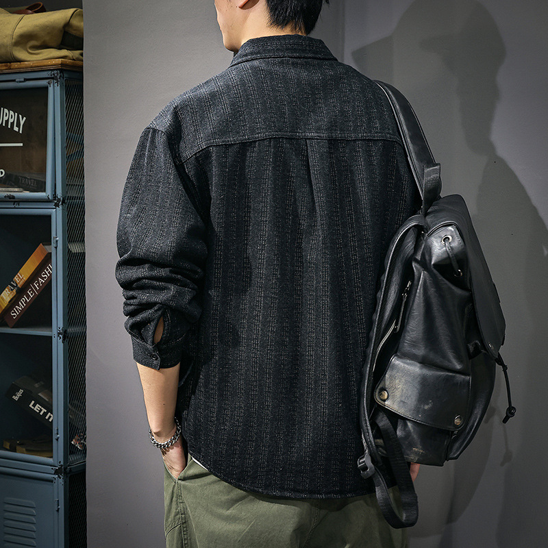 High-End American Retro Jacquard Denim Shirt for Men, Loose Plus Size, New Spring and Autumn Striped Washed Jacket Coat Trendy