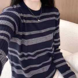 原版一件代发2026秋季款时尚减龄百搭圆领条纹长袖针织衫洋气上衣