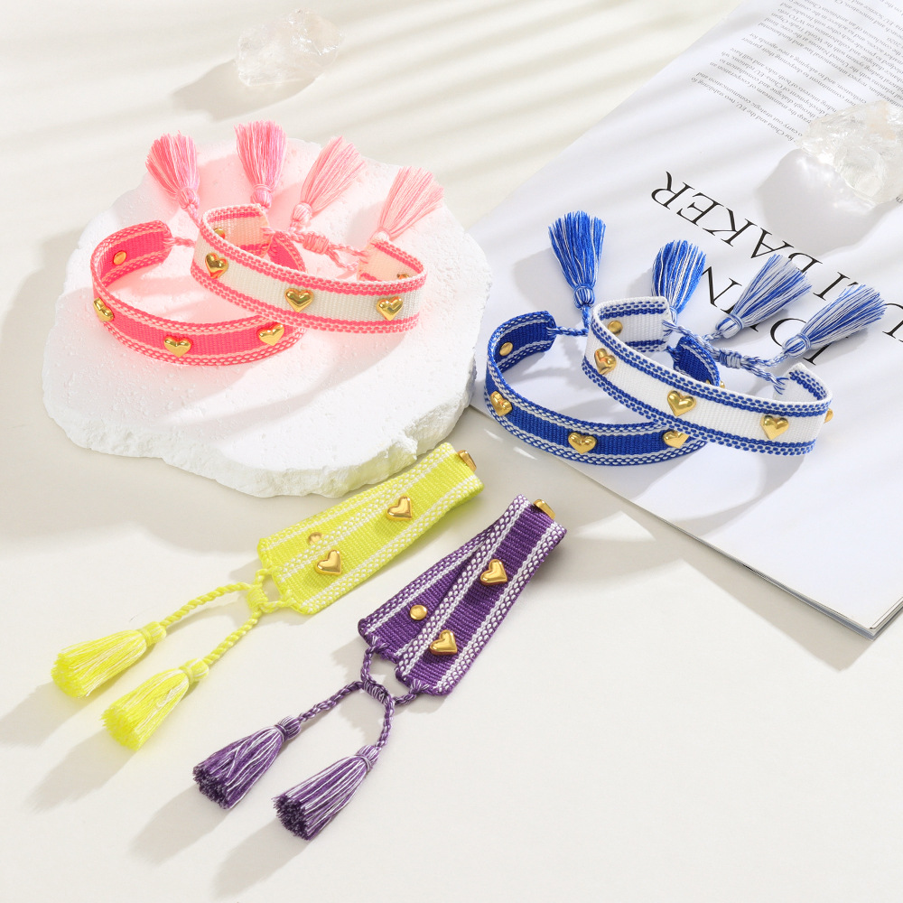 8g Weight Drawstring Bracelets Classification 1 Piece Quantity Holiday, Daily Occasion Polyester, Metal Material Heart Shape Pattern Women's Gender Embroidery, Tassel Design Simple Style Style Simple Style Heart Shape Polyester Metal Embroidery Tassel Women's Drawstring Bracelets 8