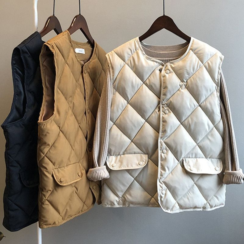 Autumn and Winter new cotton vest women's short cotton vest Diamond plaid cotton coat outer wear Korean style solid color vest waistcoat