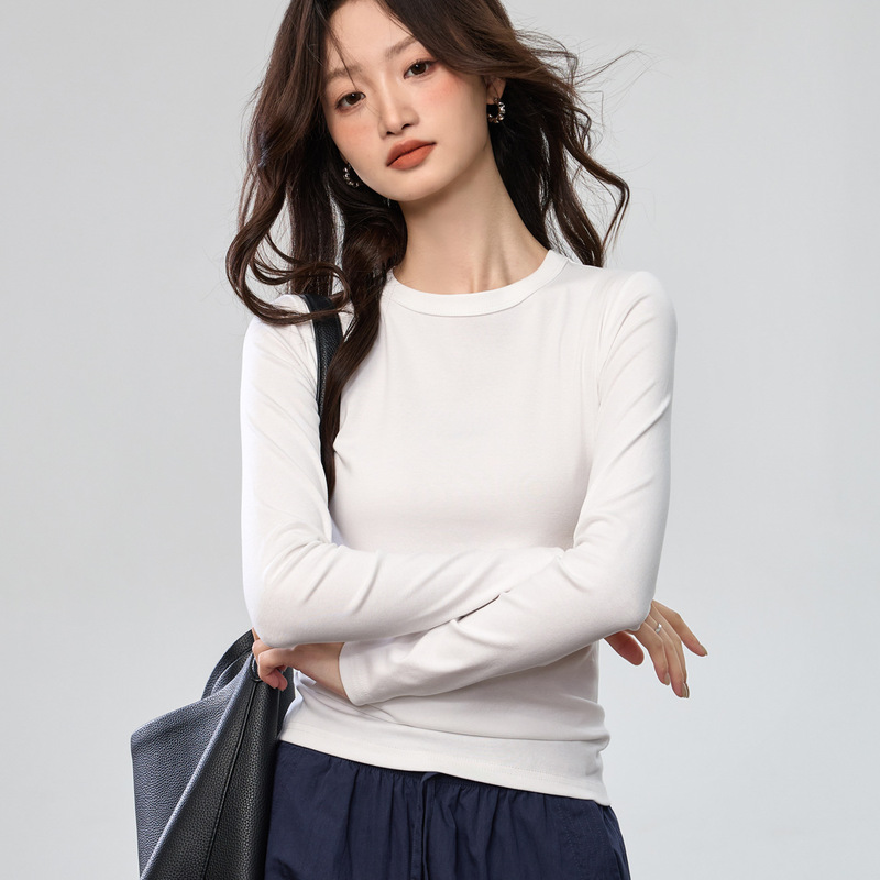 Combed Cotton, Visible Stitching Design, Versatile 2026 Autumn New Style Long-Sleeve T-Shirt for Women, Simple Round Neck Base Shirt Top