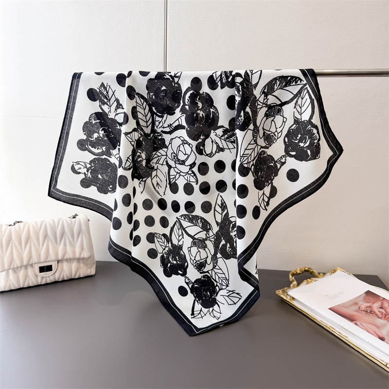 Cotton and Linen Herringbone Velvet Shawl, Sun Protection Neck Scarf for Women, Polka Dot Scarf, Square Scarf, Silk-Like Small Pattern Headscarf, Floral Scarf