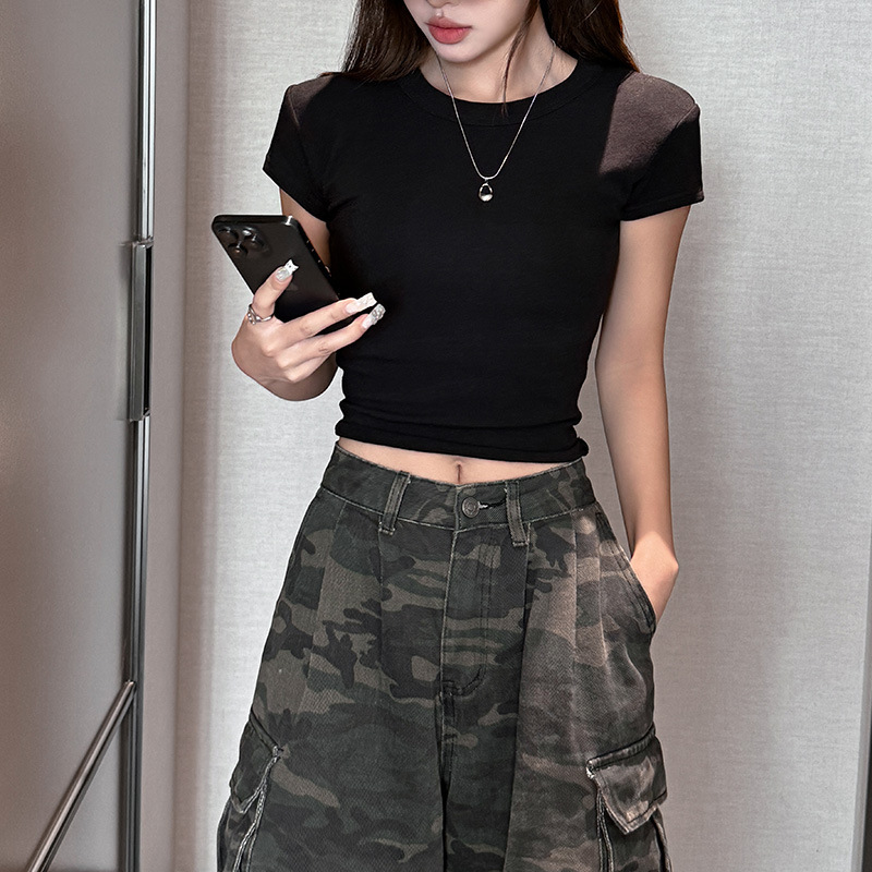 Strictly Selected Black Pure Desire Slim-fit Slim Shoulder Crewneck T-shirt Women's Sexy Spice Girls Outer Wearing Short Top