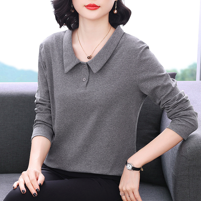 早秋新品时尚气质百搭长袖纯色妈妈减龄棉T恤休闲打底上衣