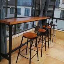 铁艺实木酒吧台桌椅组合靠墙长条餐桌奶茶店咖啡厅家用阳台高脚桌