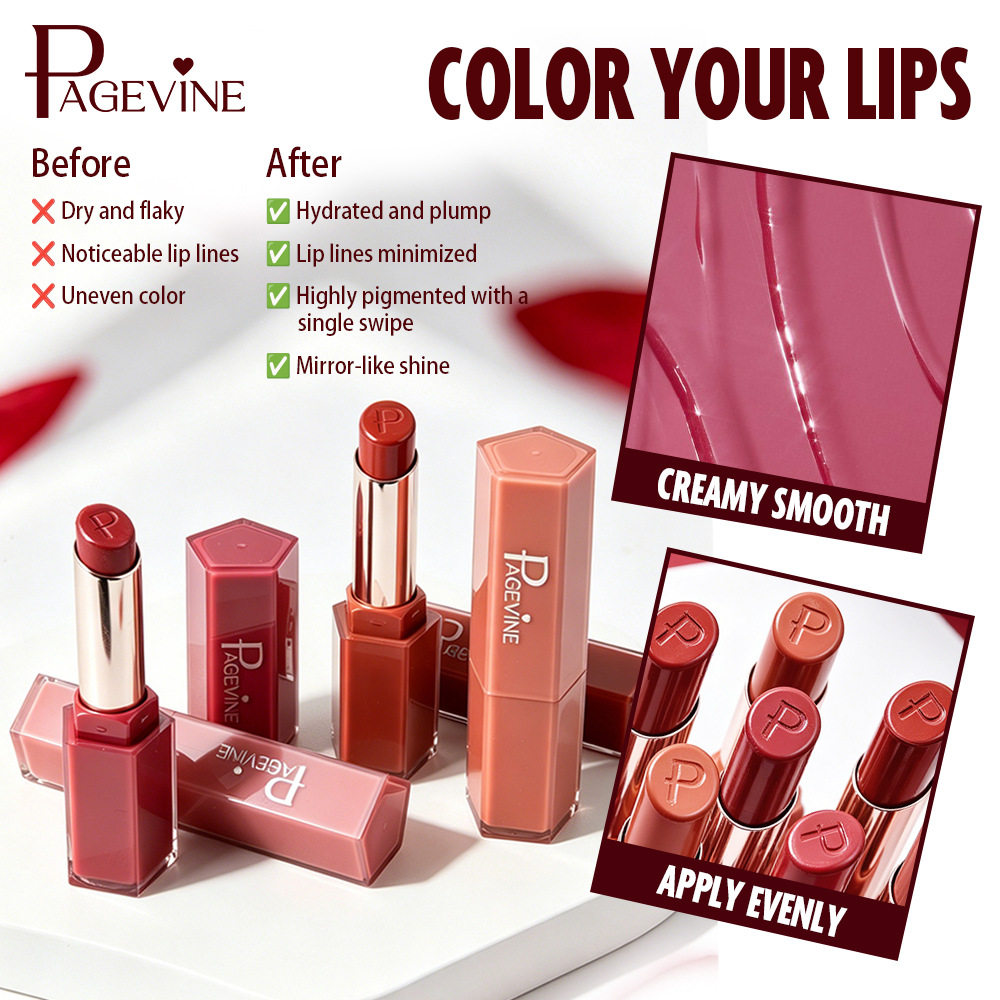 Cross-border Beauty PAGE VINE Mirror Light Lipstick para desarrollar el color, retener el maquillaje y humectar la superficie del espejo sin tazas de agua, hidratante y brillante.