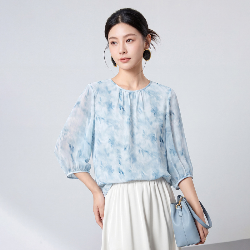26 Summer 100% Mulberry Silk Crepe Top with Round Neck, Tie-Dye Print, Puff Sleeves, Loose Fit, Blue Silk Blouse 5007 26 Summer 100% Mulberry Silk Crepe Top with Round Neck, Tie-Dye Print, Puff Sleeves, Loose Fit, Blue Silk Blouse 5007