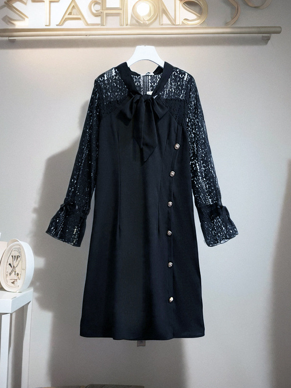 60-160kg Plus Size French Retro Dress 2025 Spring & Fall New Fat mm Lace Long-Sleeved Scarf Collar for Women