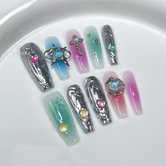 甜酷辣妹多巴胺配色手工穿戴甲歐美風金屬立體浮雕長款美甲貼片