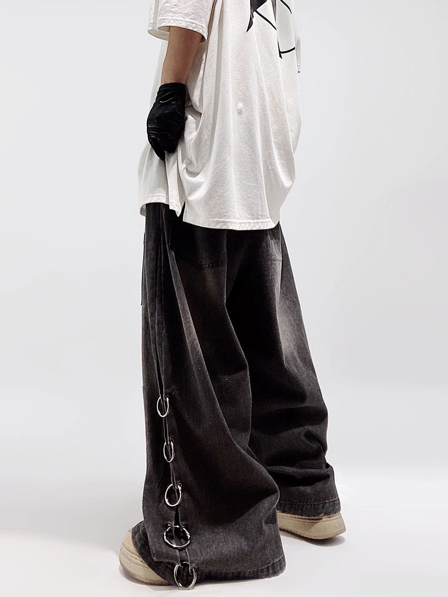 Factory direct supply hip-hop fashion brand high street mop wide leg jeans loose plus size American retro straight overalls