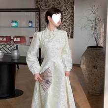 春季大码新中式女装白色立领收腰裙子复古国风改良旗袍连衣裙