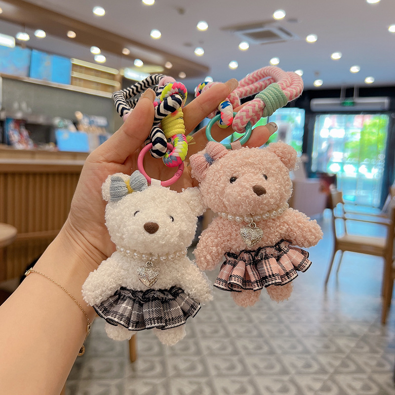 Fashionable plush pleated skirt, doll, cartoon keychain, bag decoration with bow, with little bears