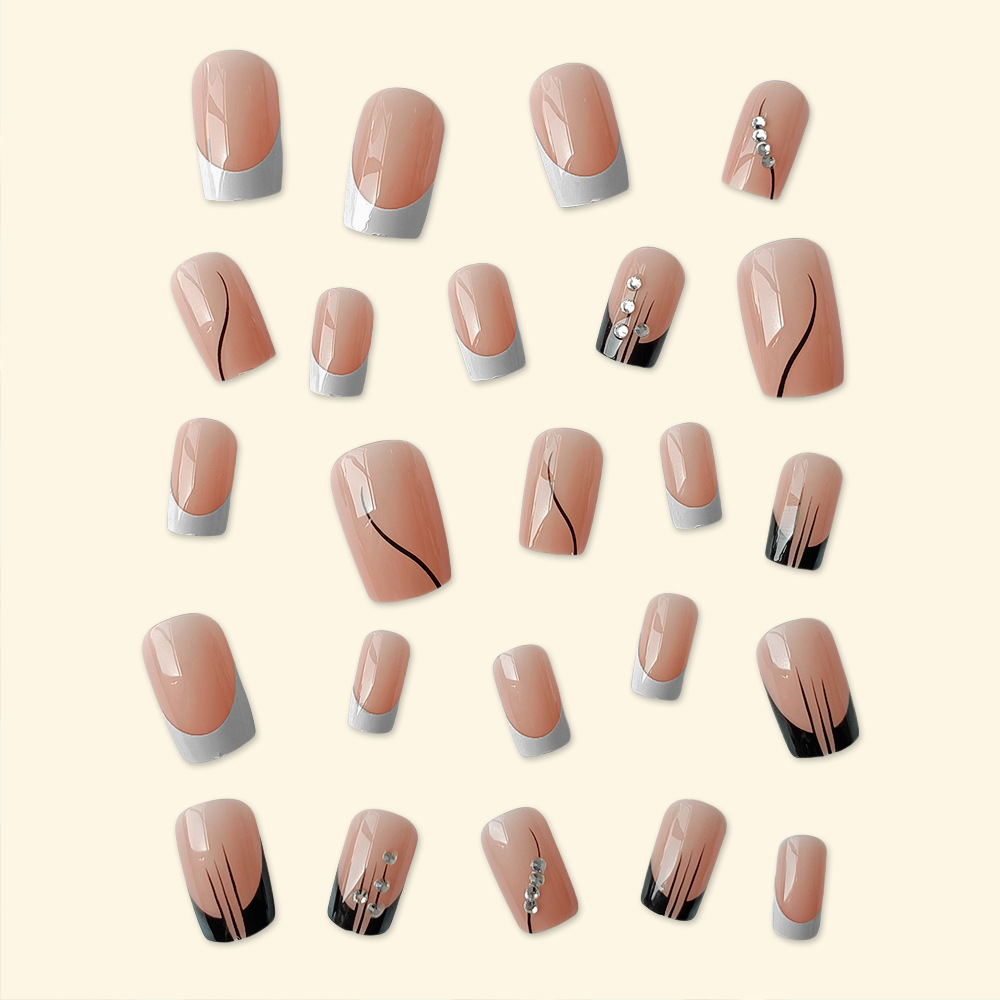 Europa, América, blanco y negro, estilo francés, diamante de manicure, moda exquisita, uso de uñas largas, 24 piezas de parche de uñas terminadas