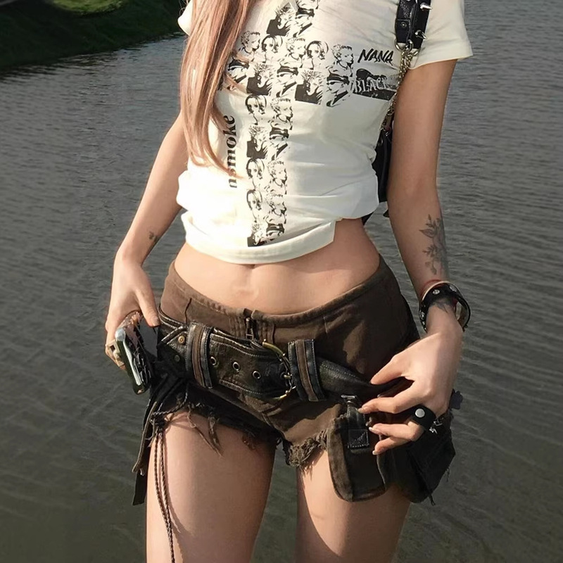American Retro Heavy-Duty Washed Denim Shorts for Women, Summer New Style, Hot Girl Style with Belt Buckle and Frayed Edges
