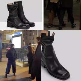 法式方头炸街小短靴女金敏喜同款中筒靴粗跟马丁靴秋冬瘦瘦靴踝靴