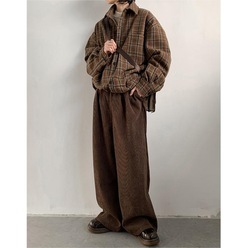 Maillard Brown Plaid Shirt Boys Spring and Autumn Japanese Retro Long Sleeve Shirt College Style Casual Coat Trendy