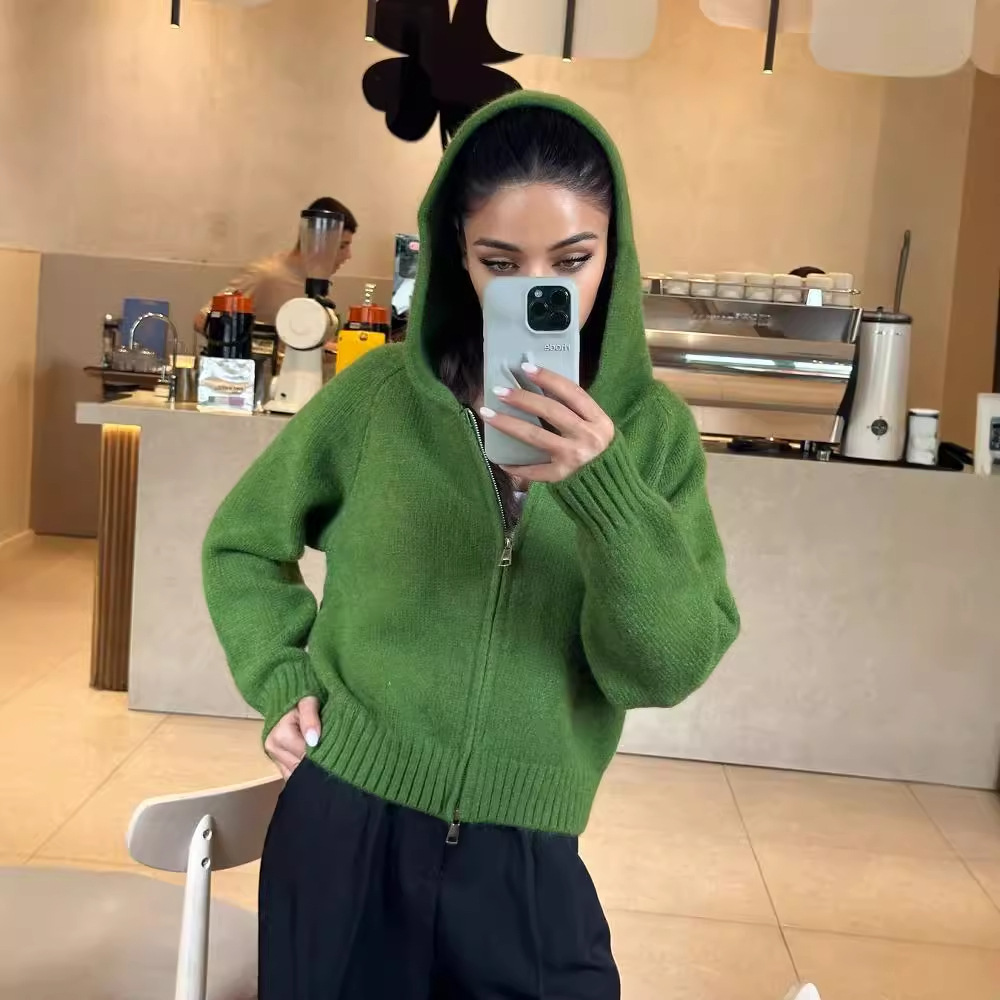 2024 otoño y invierno nueva Europa y América Amazon ropa de mujer transfronteriza con sombrero de color sólido corto de doble cremallera chaqueta cardigan de punto