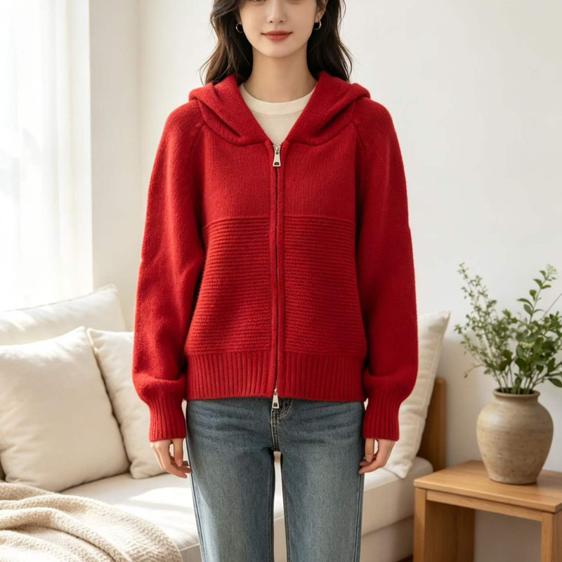 Wavy-patterned hooded sweater with double zippers, women's autumn/winter new Korean-style loose casual knitted cardigan