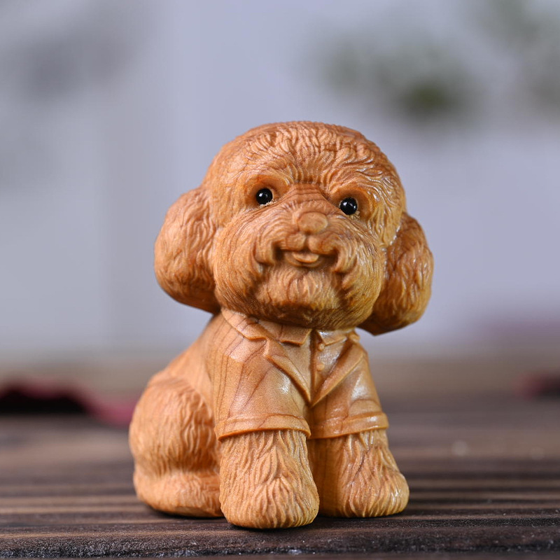 崖柏の木の彫刻のテディ犬の茶は萌えます犬のハンドルの部品の生肖の子犬の家庭の工芸の装飾品の動物の置物をかわいがります|undefined