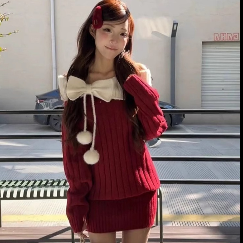 Christmas Outfit Red Sweater Dress Winter Bowknot Pom-Pom Knitwear Loose Off-Shoulder Top Wholesale Christmas Outfit Red Sweater Dress Winter Bowknot Pom-Pom Knitwear Loose Off-Shoulder Top Wholesale