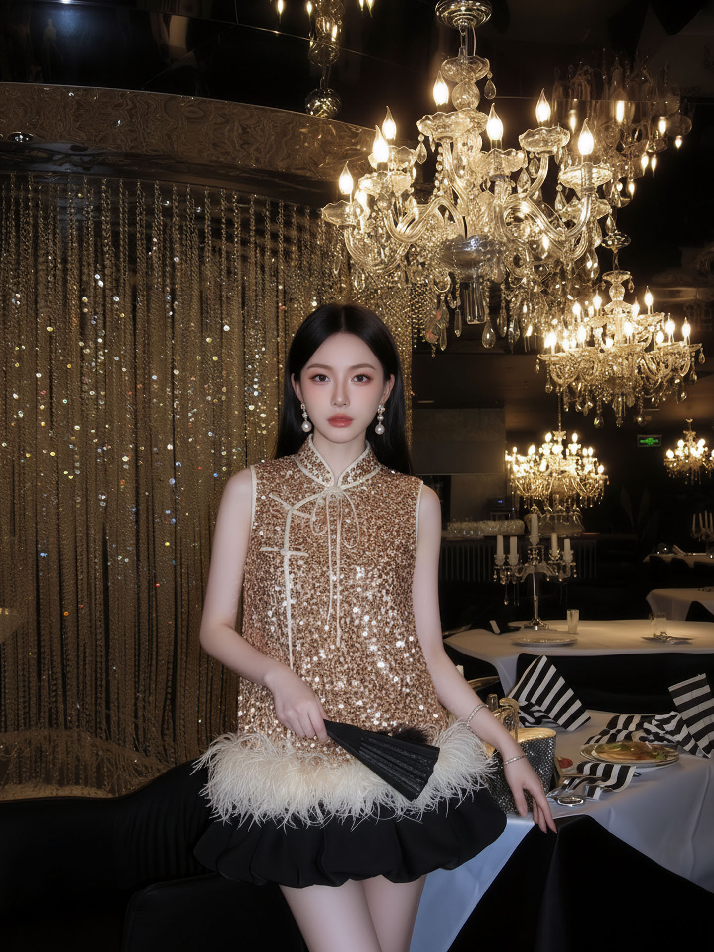 Bộ áo khoác không tay kết hợp váy ngắn phong cách tân cổ điển, đính lông đà điểu và sequin — Lạc đà [Áo khoác không tay], Mơ [Váy ngắn]