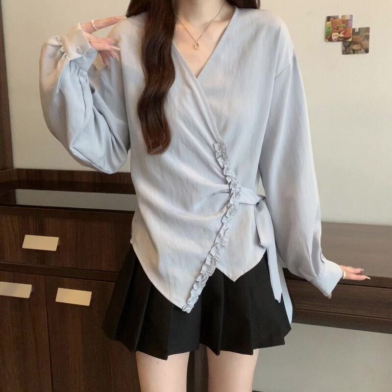Real Shot of the New Korean Style Early Autumn 2025 Fat Style, Fresh Side Waist Tie, Slim Lace, Versatile Long-Sleeved Shirt