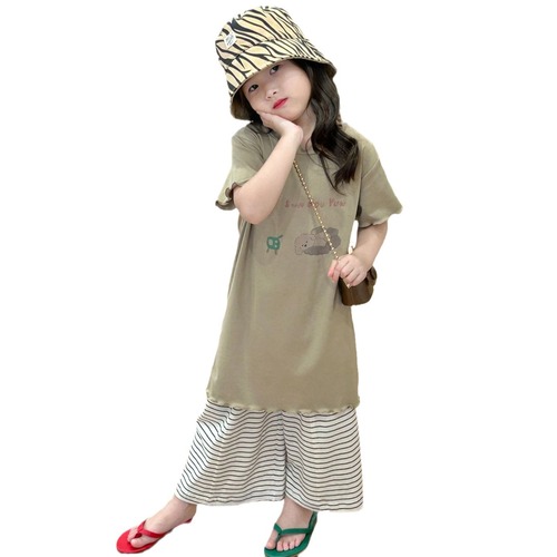 2024 new summer children's clothing, Korean style children's clothing, girls' cute printed long T-shirt, short-sleeved T-shirt skirt