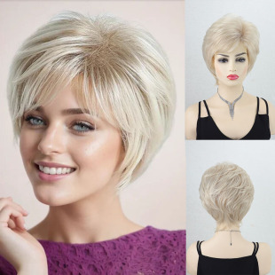 Cross-Border Hot Selling European and American Fashionable Women's Fluffy Golden Short Straight Hair Chemical Fiber Wig Headgear One Piece Wholesale