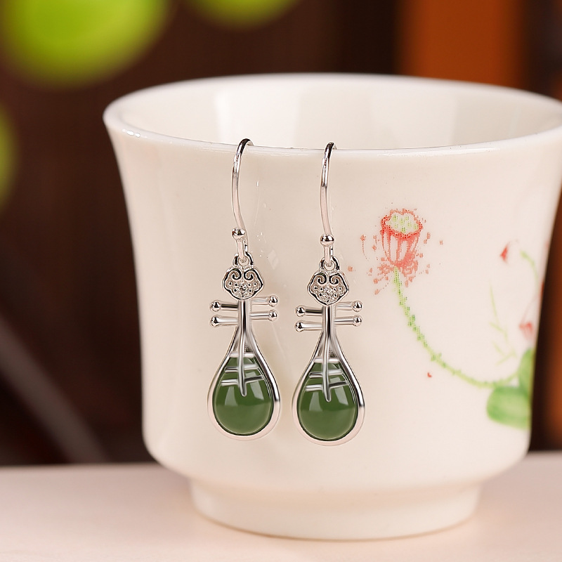 Khuyên tai bạc S925 mạ vàng đính ngọc bích hình hươu phong cách dân tộc — Kiểu màu bạc