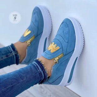 2022 new large size foreign trade cross-border large size sports shoes muffin flat bottom side zipper solid color casual sports shoes