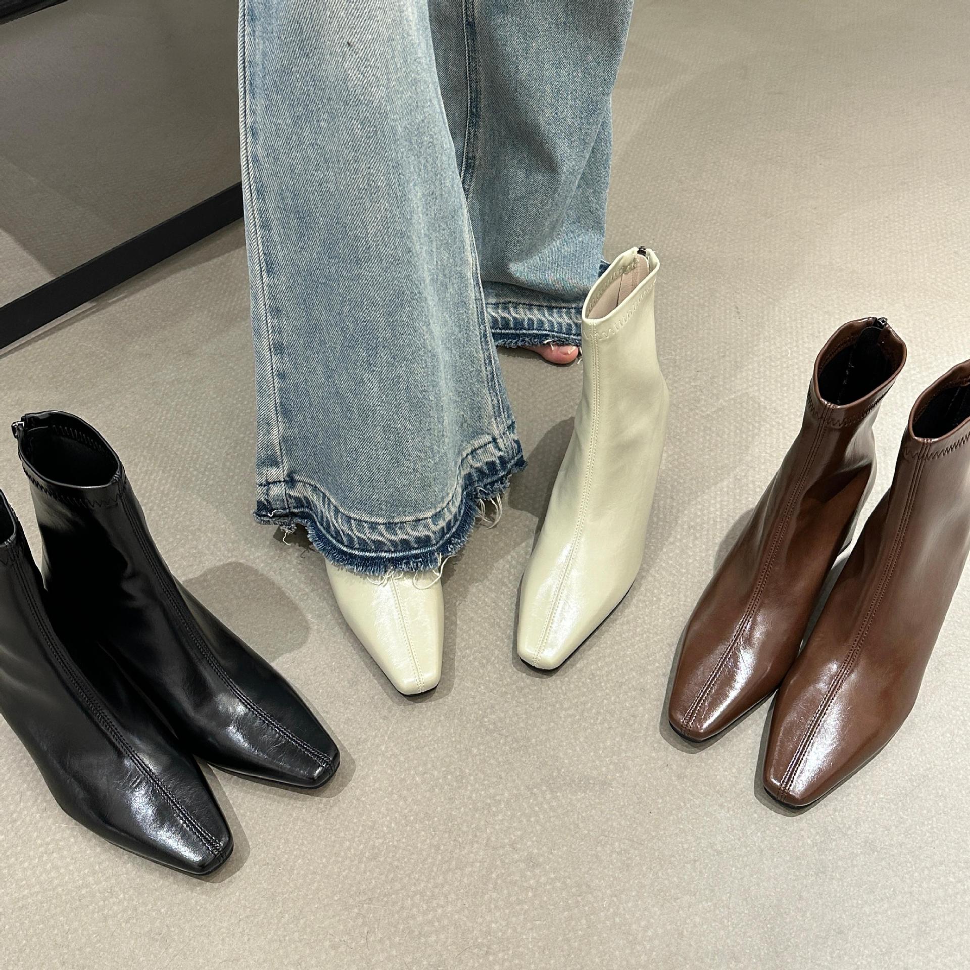 Autumn and Winter 2024 New European and American Square Head Simple Thin Boots Thick Heel High Heel Back Zipper Martin Boots Short Boots for Women