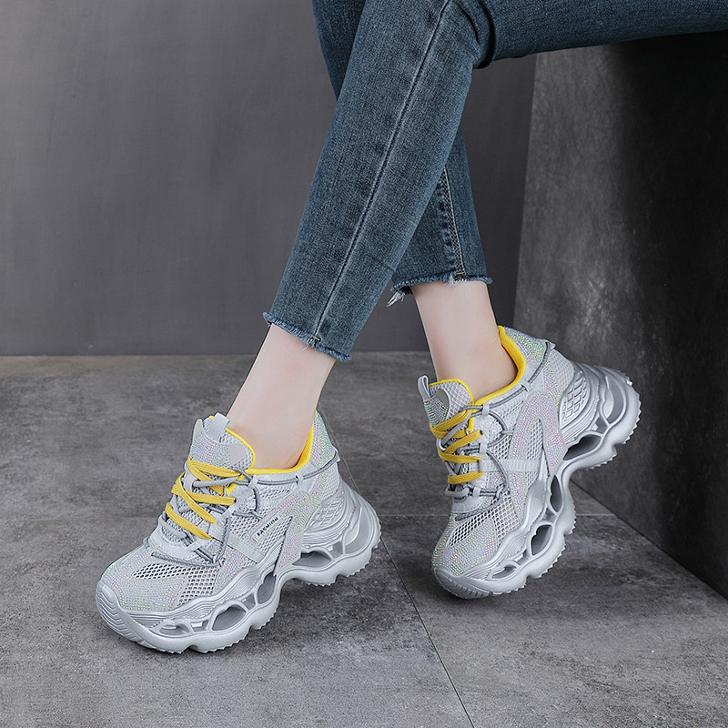 Giày sneaker nữ chunky đế dày da phối đá mesh thoáng khí — màu hồng