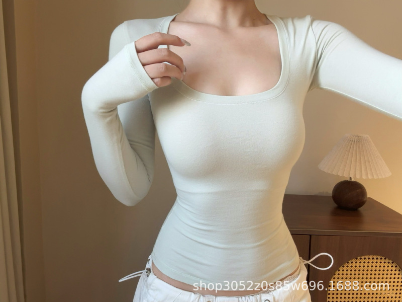 SKIMS cotton早秋新品平替长袖方领U领T恤女士辣妹修身显瘦上衣|undefined