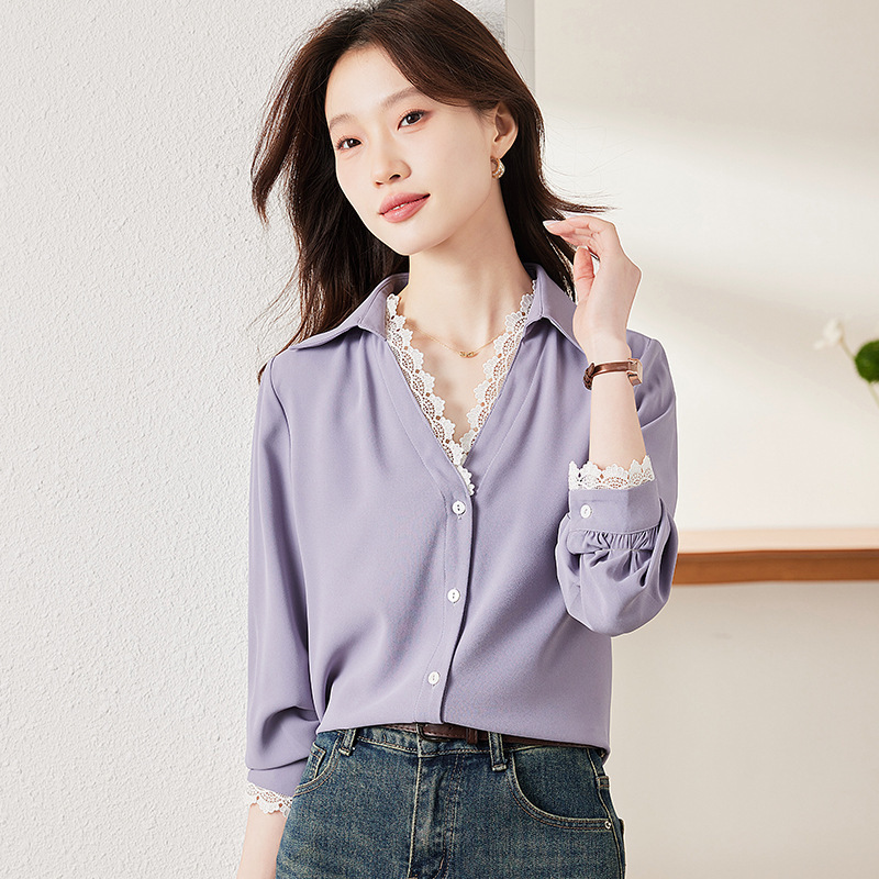 V-neck lace chiffon blouse women's top 2025 spring new fashion OL commuter western style small shirt long sleeve women's shirt